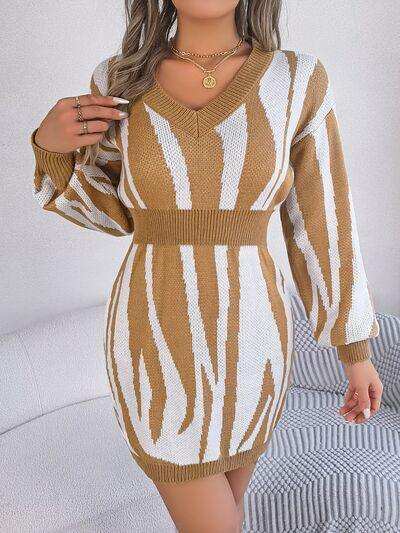 Animal Print V-Neck Long Sleeve Sweater Dress - Trendsi - Flyclothing LLC