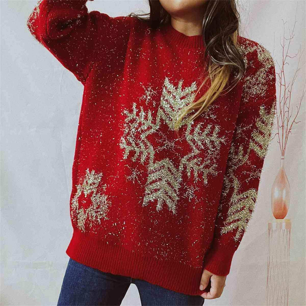 Snowflake Pattern Long Sleeve Sweater - Trendsi - Flyclothing LLC