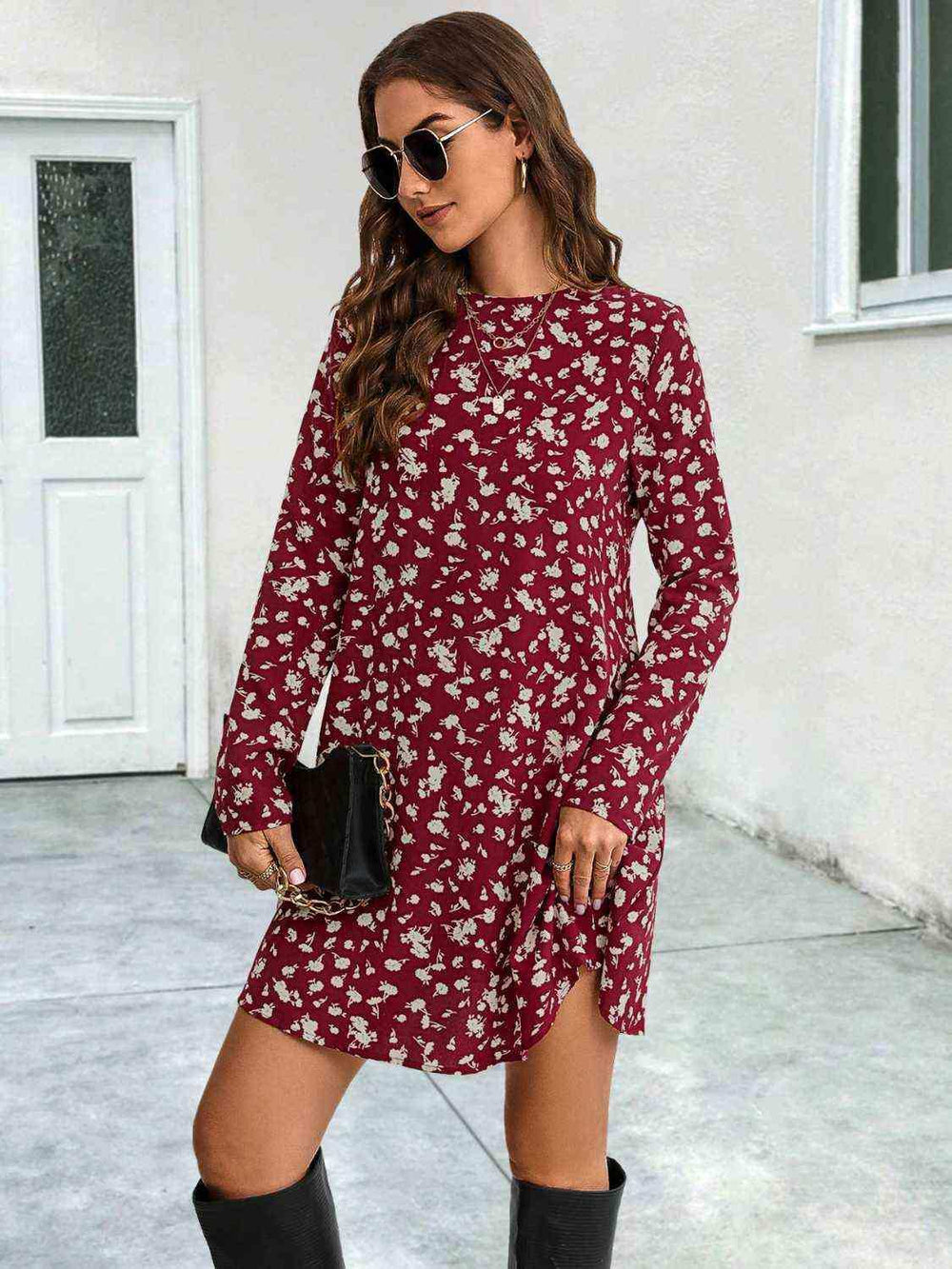 Round Neck Long Sleeve Mini Dress - Trendsi - Flyclothing LLC
