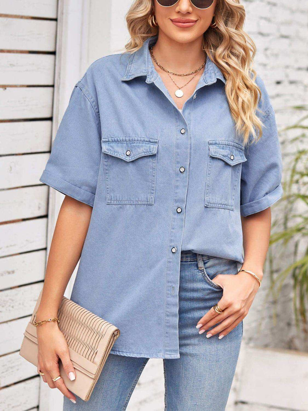 Collared Neck Short Sleeve Denim Jacket - Trendsi - Flyclothing LLC