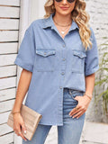 Collared Neck Short Sleeve Denim Jacket - Trendsi - Flyclothing LLC