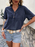 Buttoned Notched Neck Cuffed Sleeve Blouse - Trendsi - Flyclothing LLC