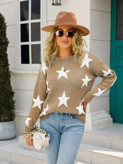 Star Round Neck Dropped Shoulder Sweater - Trendsi - Flyclothing LLC