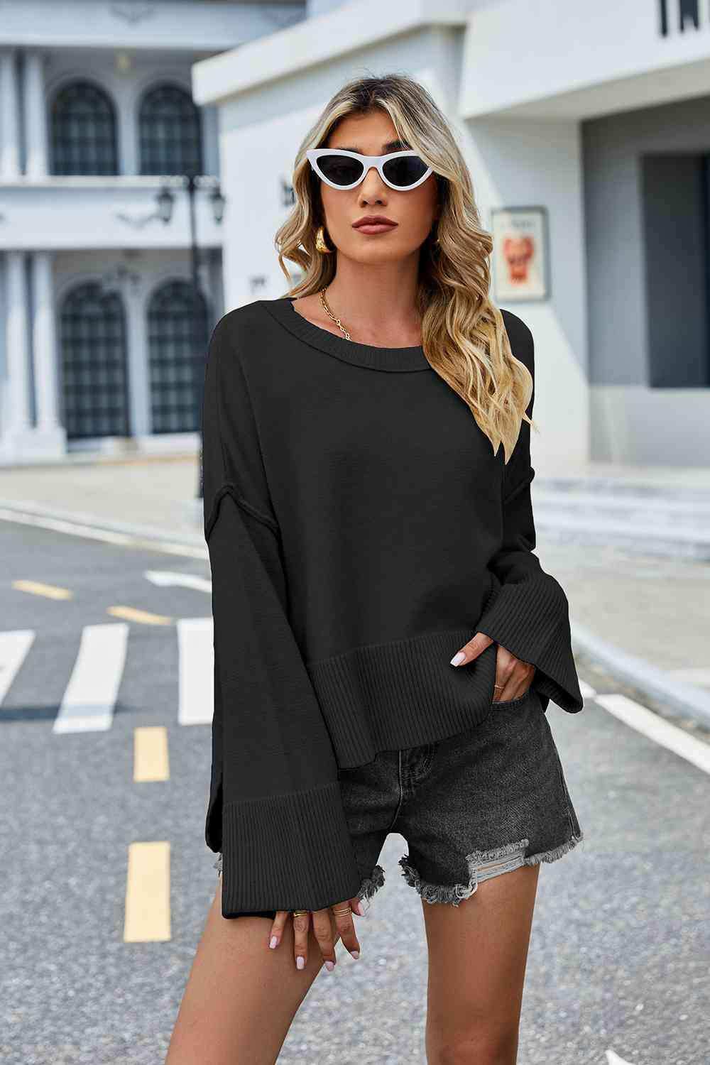 Round Neck Dropped Shoulder Slit Sweater - Trendsi - Flyclothing LLC