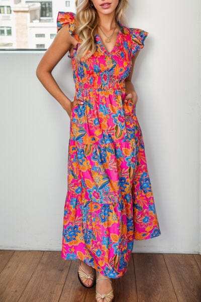 Printed V-Neck Cap Sleeve Pocketed Midi Dress - Trendsi - Flyclothing LLC