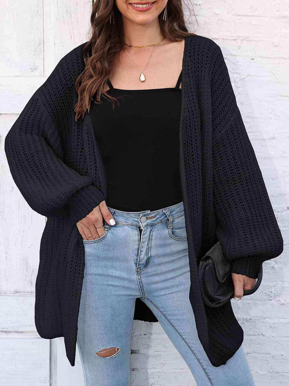 Open Front Dropped Shoulder Longline Cardigan - Trendsi - Flyclothing LLC
