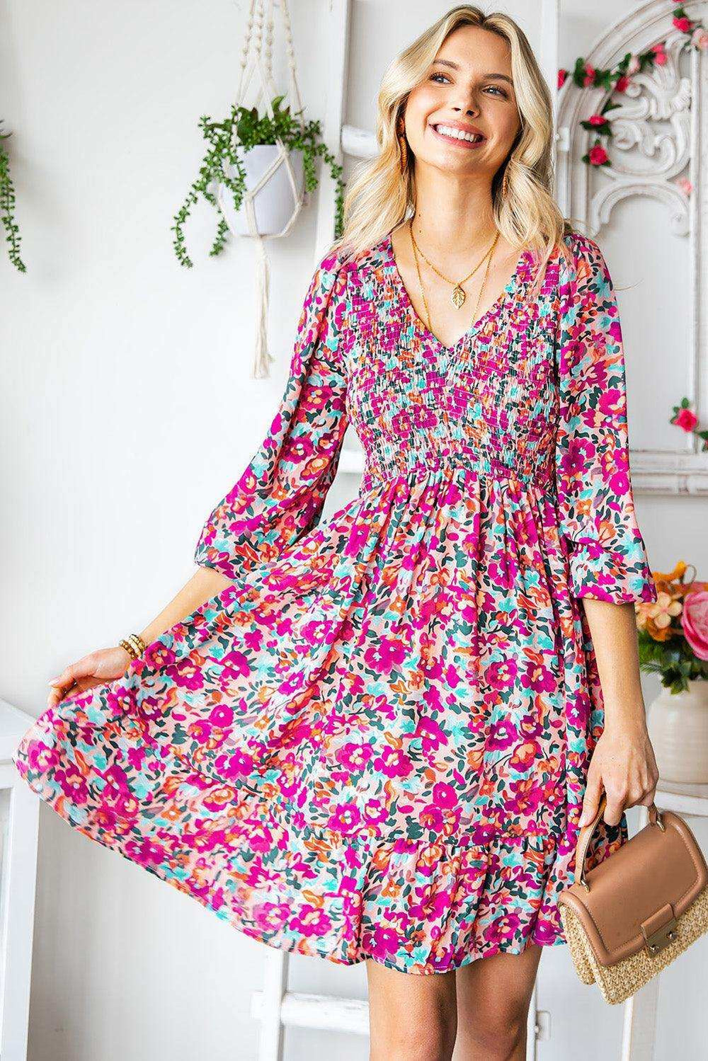 Floral Smocked V-Neck Flounce Sleeve Dress - Trendsi - Flyclothing LLC