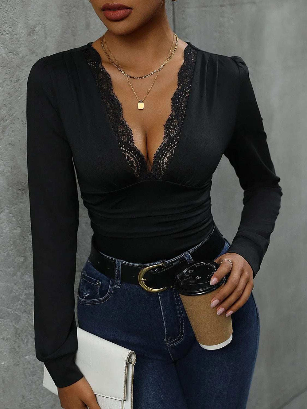 Lace Detail Plunge Long Sleeve Bodysuit - Trendsi - Flyclothing LLC