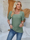 Eyelet Asymmetrical Neck Short Sleeve T-Shirt - Trendsi - Flyclothing LLC