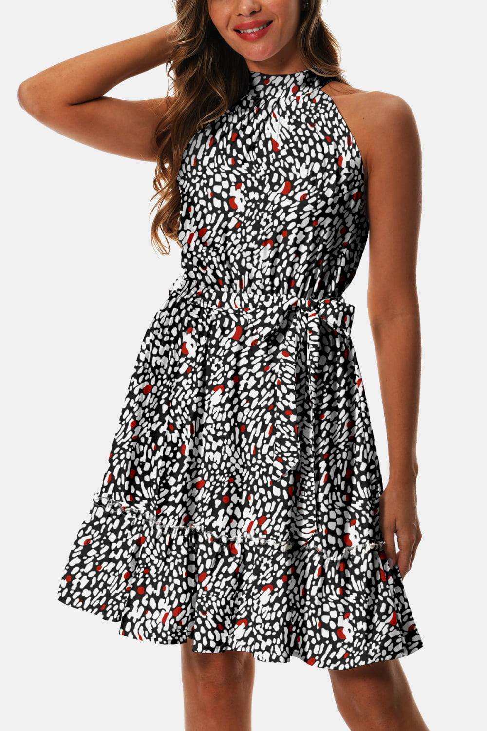 Printed Tie Waist Frill Trim Dress - Trendsi - Flyclothing LLC