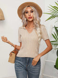 Cable-Knit Johnny Collar Short Sleeve Knit Top - Trendsi - Flyclothing LLC