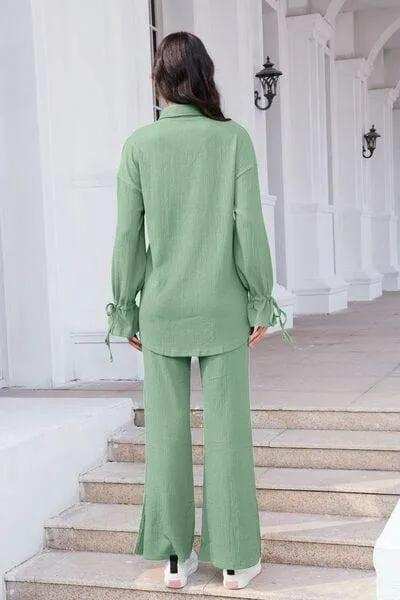 Drawstring Flounce Sleeve Shirt and Pants Set - Trendsi - Flyclothing LLC