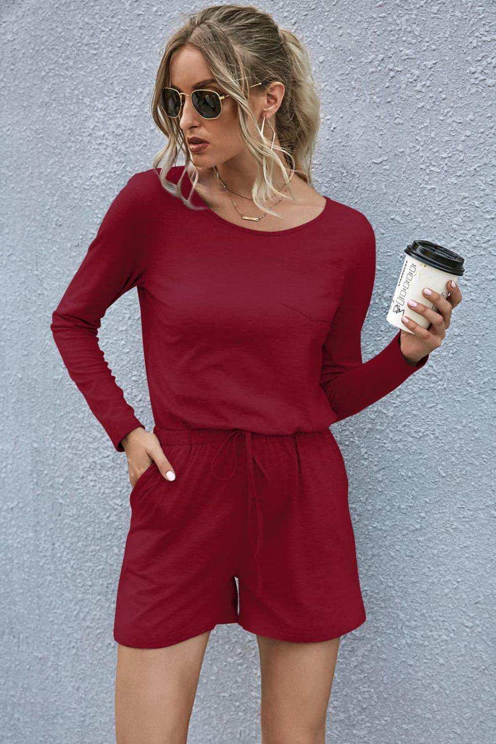 Drawstring Waist Long Sleeve Romper - Trendsi - Flyclothing LLC