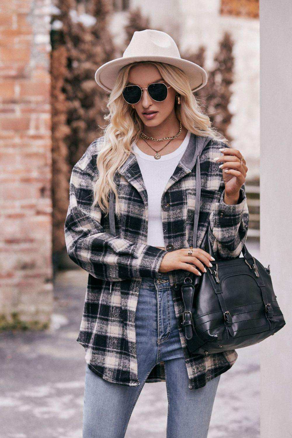 Plaid Dropped Shoulder Hooded Longline Jacket - Trendsi - Flyclothing LLC