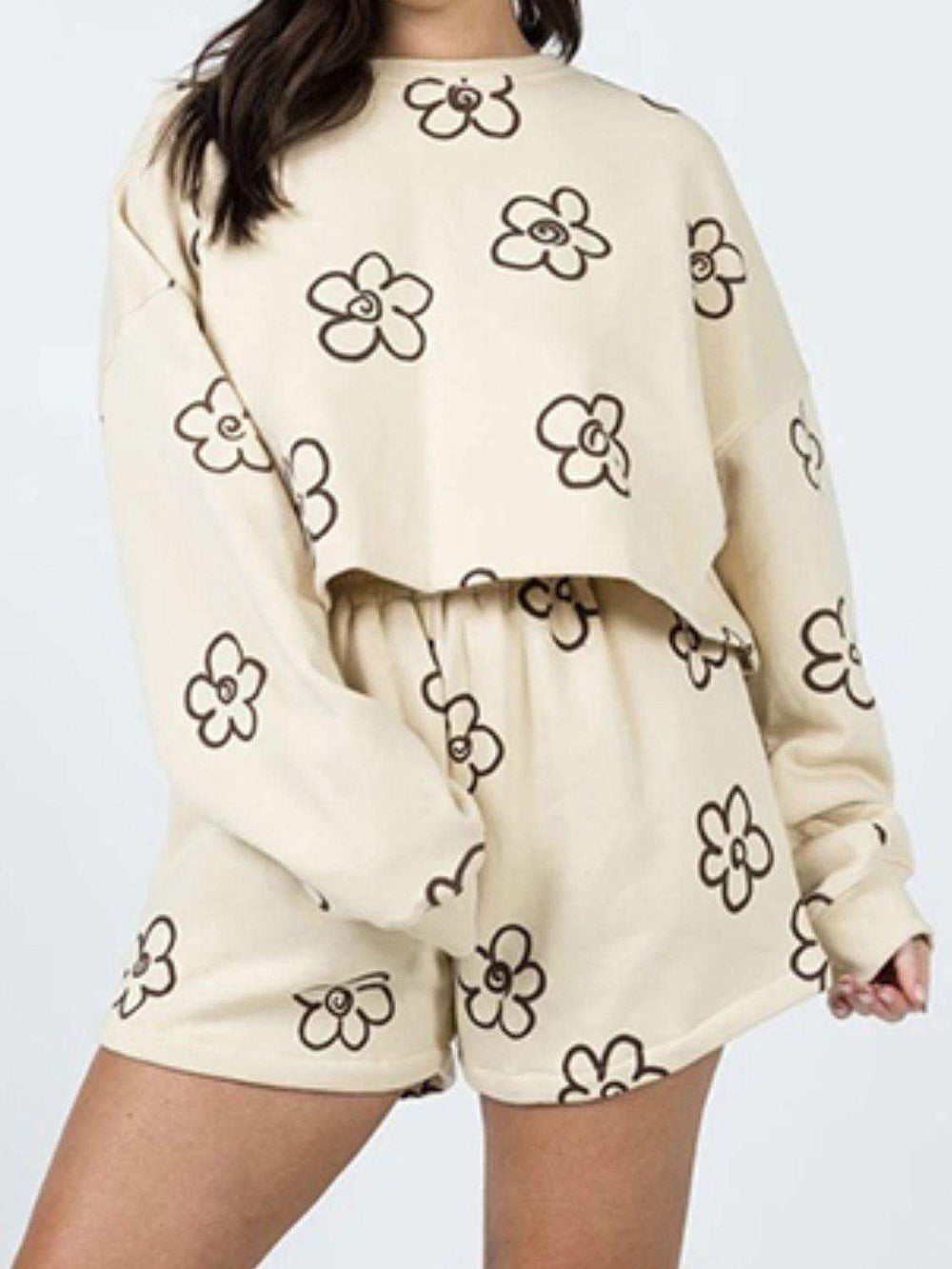 Floral Dropped Shoulder Sweatshirt and Shorts Set - Trendsi - Flyclothing LLC