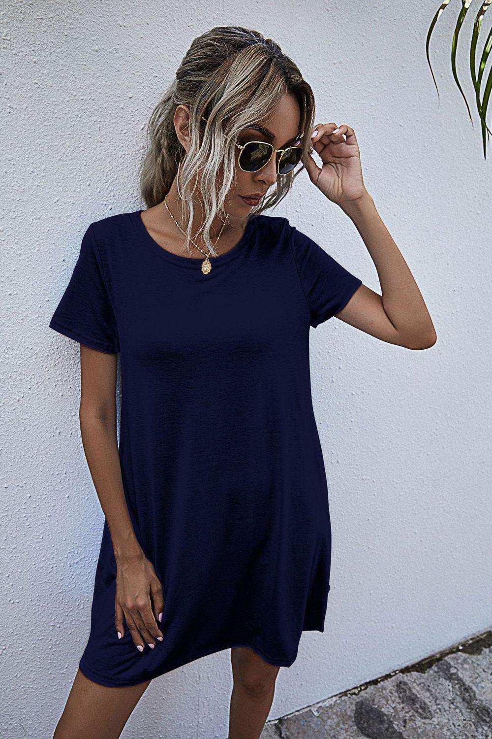 Round Neck Short Sleeve Mini Dress - Trendsi - Flyclothing LLC