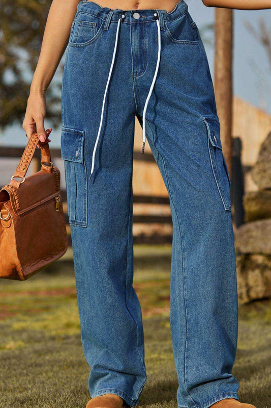 Loose Fit Drawstring Jeans with Pocket - Trendsi - Flyclothing LLC