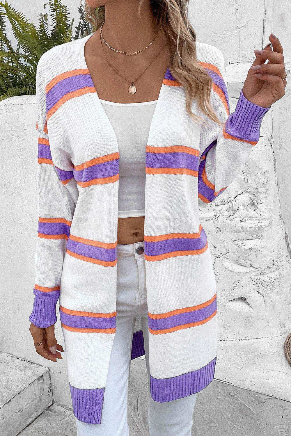 Striped Dropped Shoulder Cardigan - Trendsi - Flyclothing LLC