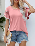 Pom-Pom Trim Flutter Sleeve Round Neck Tee - Trendsi - Flyclothing LLC