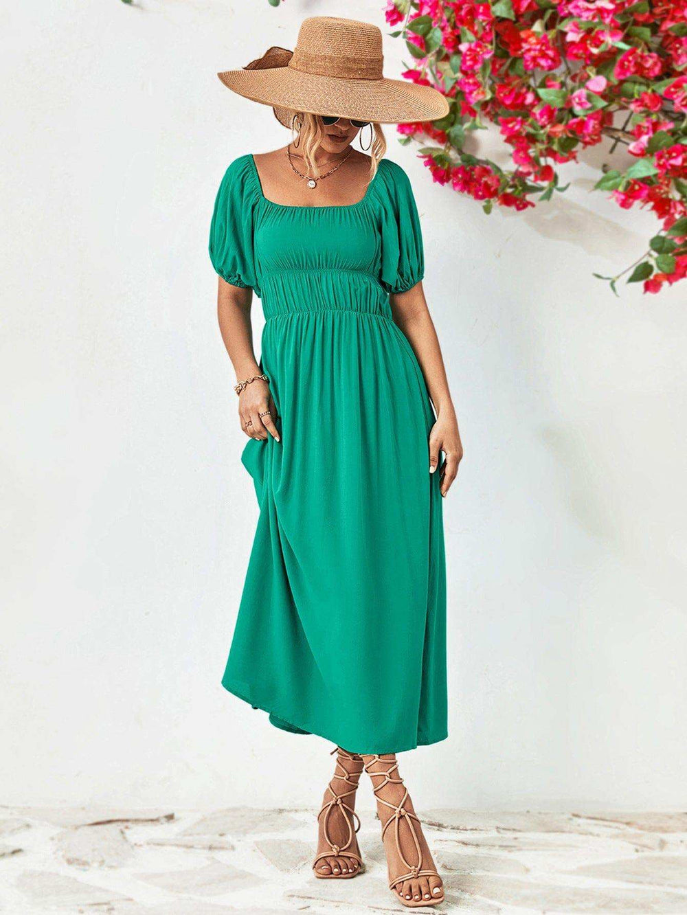 Off-Shoulder Balloon Sleeve Midi Dress - Trendsi - Flyclothing LLC