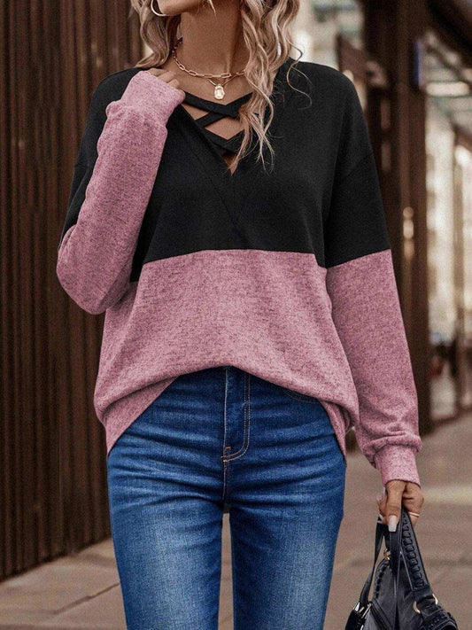 Two-Tone Crisscross Detail Sweatshirt - Trendsi - Flyclothing LLC