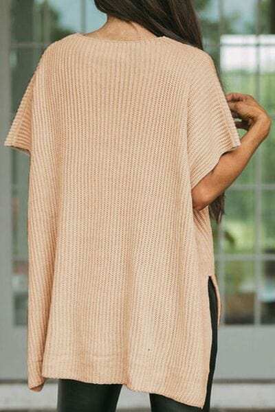 Waffle-Knit Slit Short Sleeve Sweater - Trendsi - Flyclothing LLC
