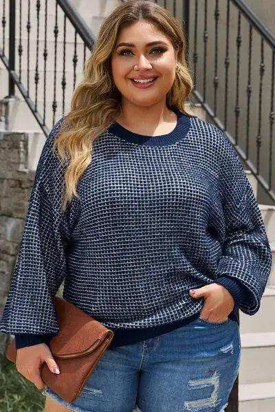 Plus Size Waffle-Knit Round Neck Dropped Shoulder Sweater - Trendsi - Flyclothing LLC