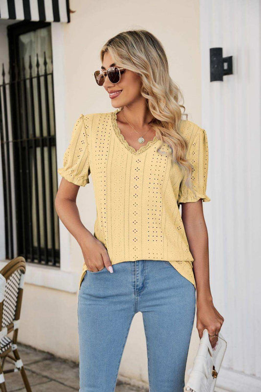 Eyelet Flounce Sleeve Scalloped V-Neck Top - Trendsi - Flyclothing LLC
