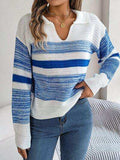 Striped Collared Neck Long Sleeve Sweater - Trendsi - Flyclothing LLC