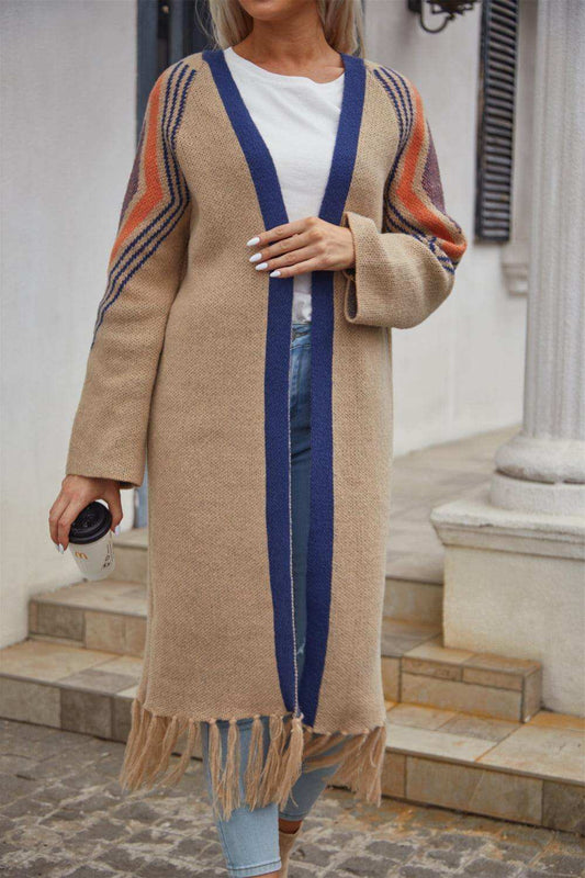 Geometric Fringe Hem Open Front Duster Cardigan - Trendsi - Flyclothing LLC