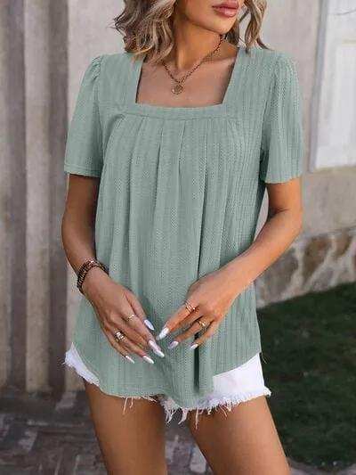 Ruched Square Neck Short Sleeve Blouse - Trendsi - Flyclothing LLC