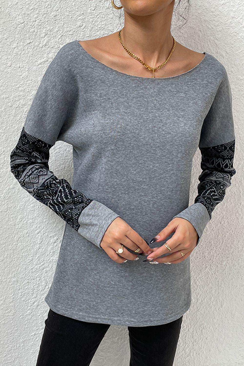Boat Neck Long Printed Sleeve Blouse - Trendsi - Flyclothing LLC