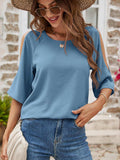 Textured Round Neck Split Sleeve Top - Trendsi - Flyclothing LLC
