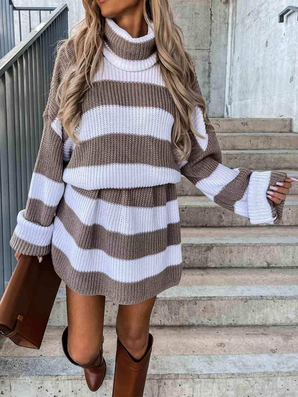 Striped Turtleneck Sweater Dress - Trendsi - Flyclothing LLC