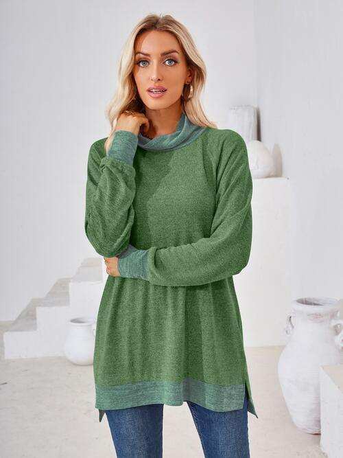 Contrast Mock Neck Long Sleeve T-Shirt - Trendsi - Flyclothing LLC