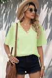Swiss Dot Lace Trim Flutter Sleeve V-Neck Blouse - Trendsi - Flyclothing LLC