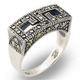 Alamode Antique Tone 925 Sterling Silver Ring with Semi-Precious Marcasite in Jet - Alamode - Flyclothing LLC