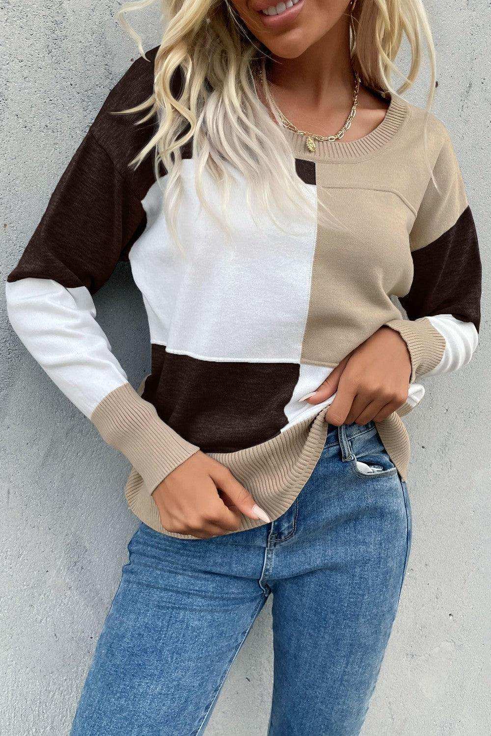 Color Block Ribbed Trim Round Neck Knit Pullover - Trendsi - Flyclothing LLC