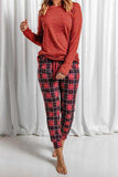 Round Neck Top and Drawstring Plaid Pants Lounge Set - Trendsi - Flyclothing LLC