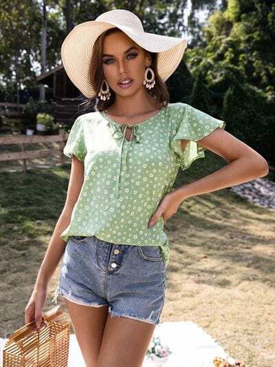 Ruffled Floral Tie Neck Short Sleeve Blouse - Trendsi - Flyclothing LLC