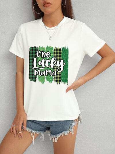 ONE LUCKY MAMA Round Neck T-Shirt - Trendsi - Flyclothing LLC