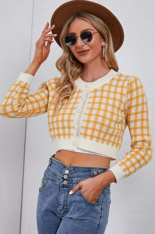 Plaid Buttoned Cropped Cardigan - Trendsi - Flyclothing LLC