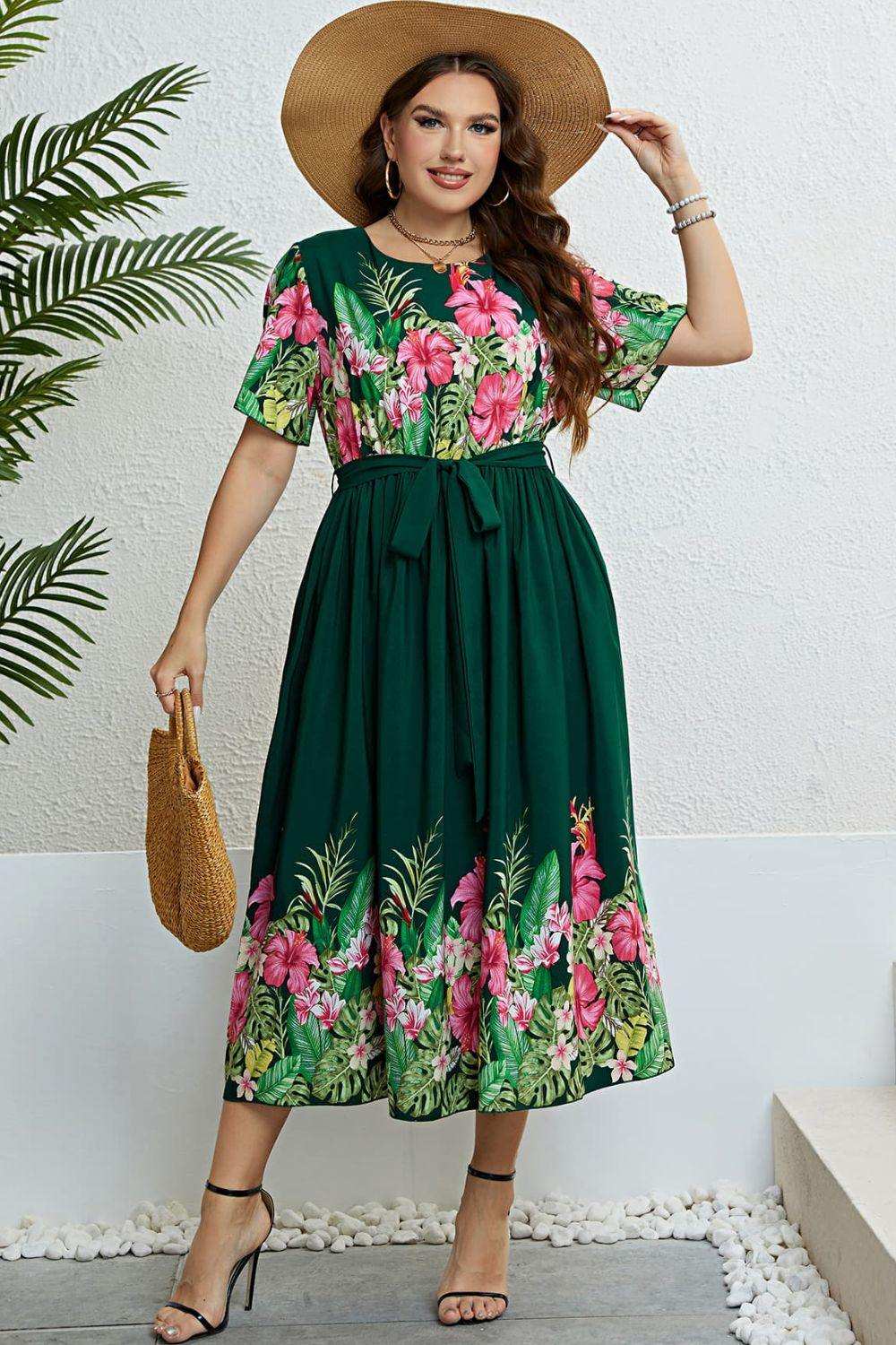 Floral Tie-Waist Round Neck Dress - Trendsi - Flyclothing LLC