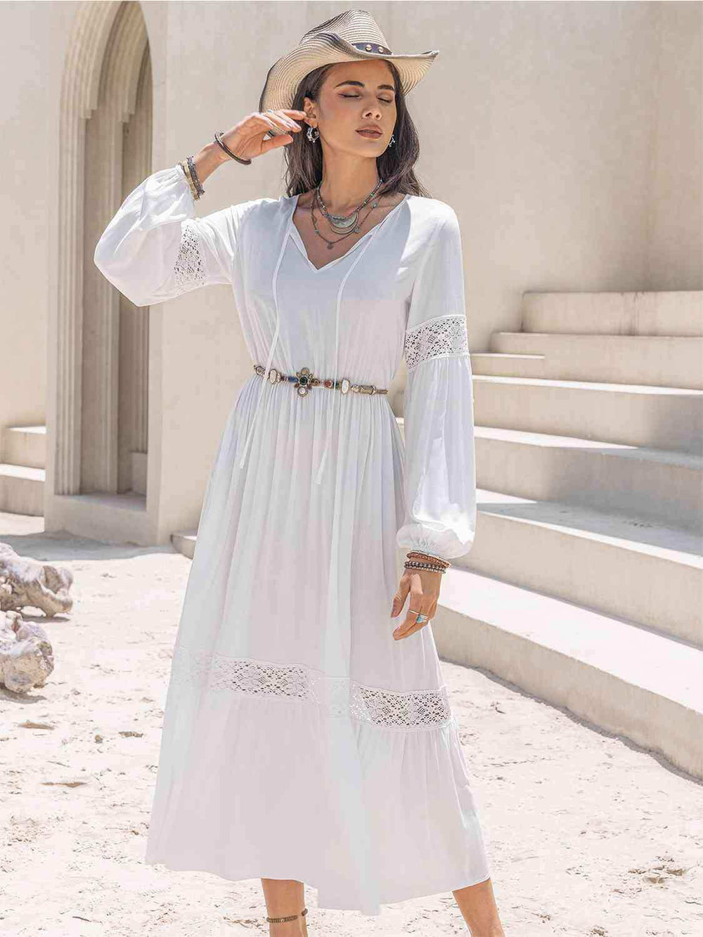 Tie Neck Long Sleeve Midi Tiered Dress - Trendsi - Flyclothing LLC