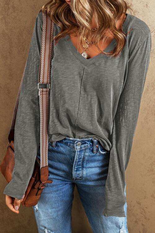 Exposed Seam V-Neck Long Sleeve T-Shirt - Trendsi - Flyclothing LLC