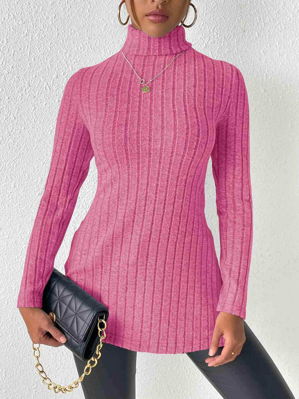 Ribbed Turtleneck Long Sleeve Slit T-Shirt - Trendsi - Flyclothing LLC