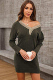 V-Neck Long Sleeve Mini Sweater Dress - Trendsi - Flyclothing LLC