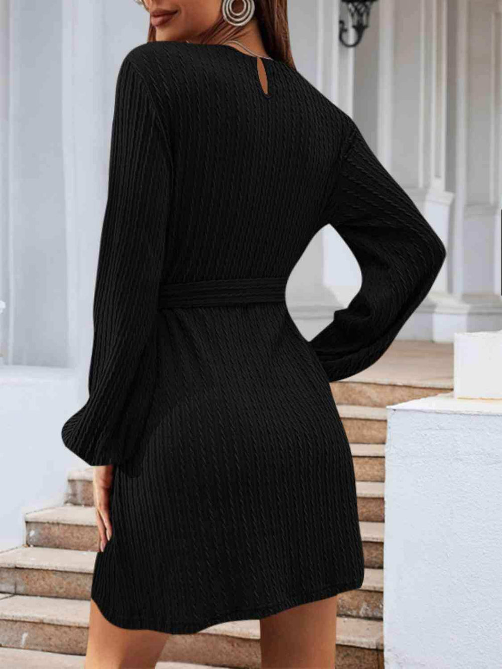 Round Neck Tie Front Long Sleeve Dress - Trendsi - Flyclothing LLC