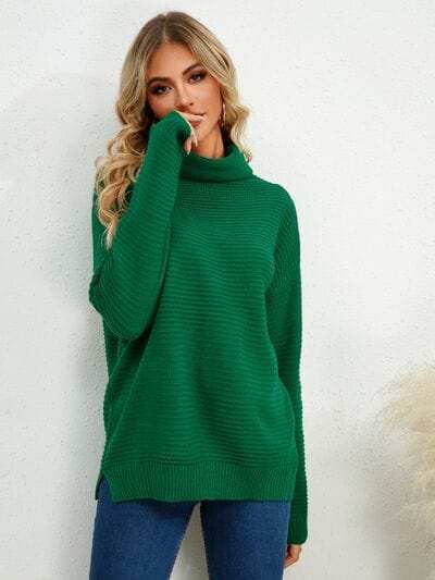 Slit Turtleneck Dropped Shoulder Sweater - Trendsi - Flyclothing LLC