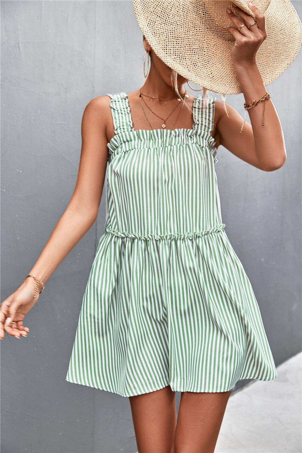 Striped Frill Trim Square Neck Dress - Trendsi - Flyclothing LLC